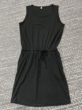 Black Tank Mini Dress With Elastic Waist And Pockets